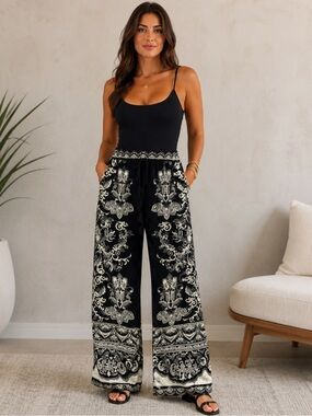 Cynthia Rowley Black & White Baroque Wide-Leg Palazzo Pants